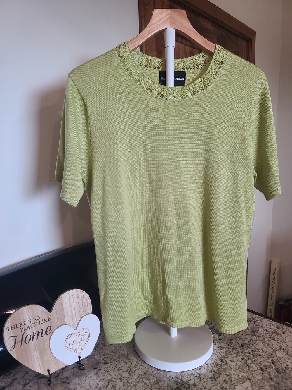 Sag Harbor Lime Green Short-Sleeve Knit Top with Crochet Neckline